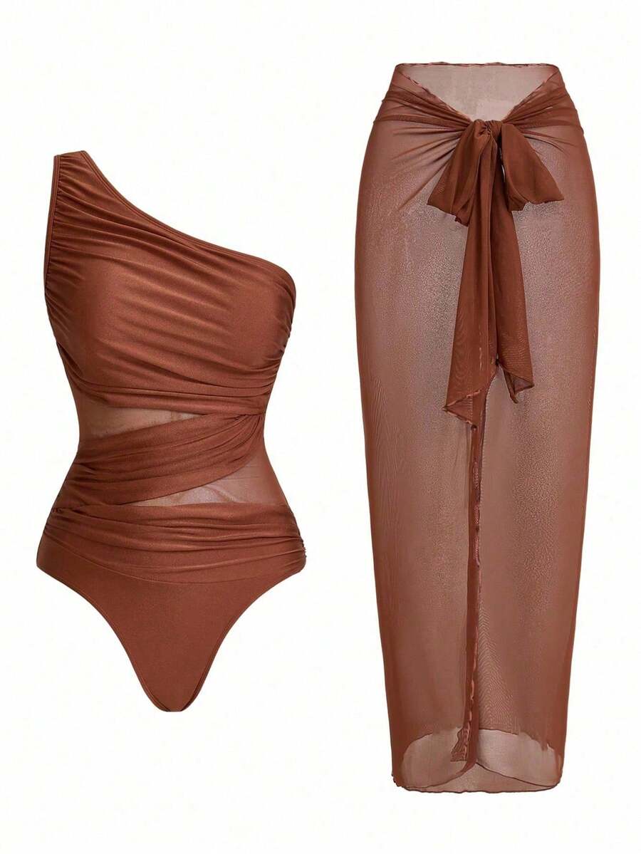 One-Piece Swimsuit With Solid-Color Ruched Mesh Panel And Sarong Skirt - Brown - View 1