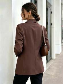 Women's Brown Polyester Long Sleeve Lapel Button Blazer, Regular Length Non-Stretch Coat For Classy Fall And Winter Outfits - Brown - View 3
