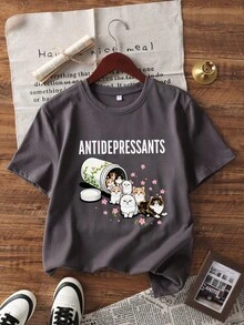 1件女款夏季圓領寬鬆休閒短袖T恤上衣，INS風格，寵物抗憂鬱，趣味卡通櫻花貓「ANTIDEPRESSANTS」字母印花圖案T恤，適合度假、辦公室、外出、休閒日常、約會、派對、聚會、街頭穿搭，給朋友和寵物愛好者的節日禮物 - 深灰色 - 查看 6