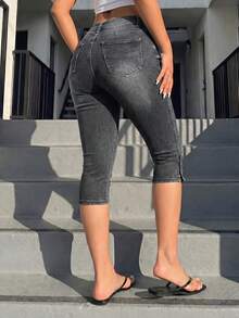 Jkorea High Waisted Capri Jeans - Light Wash Slim Fit Cropped Skinny Denim - 灰色1 - 查看 2