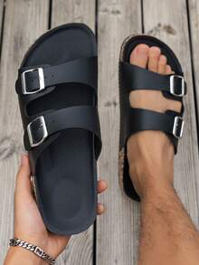 Men's Fashion Sandals With Cork Sole And Comfortable Insole, Buckle Strap Adjustable Size Slouchy Slip-On Style, Suitable For Summer Beach Outdoor Walking, Unisex - Black Skin - View 3
