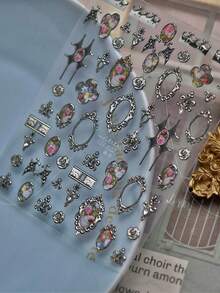 1片金屬質感花卉框架美甲貼紙，5D古典裝飾美甲飾品，美甲裝飾配件，手工美甲貼花，美甲甲片，美甲局部貼，適合女孩和女性的最佳美甲用品，Y2K美甲藝術，夏季美甲甲片 - 彩色 - 查看 10