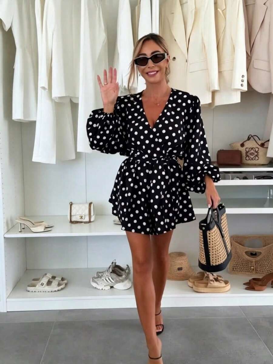 Women's Black Polka Dot V-Neck Lantern Sleeve Cinched Waist Romper - Black - View 1