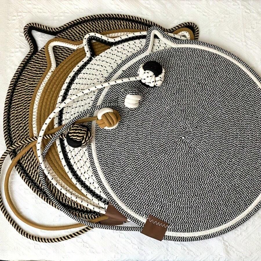 1PC Multi-Color Cat Scratcher Pad, Cute Cat Face Shape Woven Scratching Mat, Durable Rope Cat Scratcher Toy, Sofa Furniture Protector For Indoor Cats Kittens - 42cm*42cm - View 1