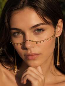 STONEFANS 1 buah Anting Rantai Wajah Rumbai Panjang Gaya Bohemian Vintage dengan Batu Berlian Imitasi Warna Campuran, Perhiasan Wajah Personalisasi Eropa dan Amerika - Emas - View 1
