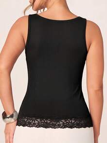 Tank Top Model French Wave Lace Trim Hem Splicing, Ribbed Slim Fit, Polos Minimalis Serbaguna untuk di Rumah dan Perjalanan - Hitam - View 3