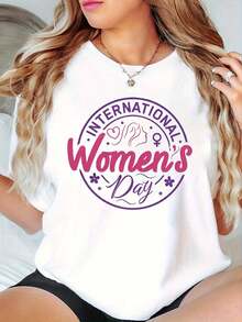 Camiseta de Mujer para el Día Internacional de la Mujer, Camiseta Casual de Manga Corta con Cuello Redondo y Estampado Rosa y Morado, Tela de Elasticidad Media, Largo Regular, Regalo Perfect - Blanco - Ver 1