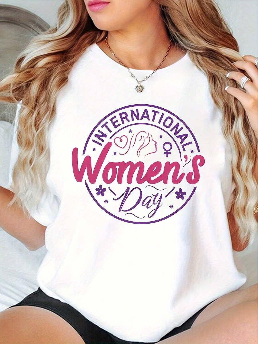 Camiseta de Mujer para el Día Internacional de la Mujer, Camiseta Casual de Manga Corta con Cuello Redondo y Estampado Rosa y Morado, Tela de Elasticidad Media, Largo Regular, Regalo Perfect - Blanco - Ver 1