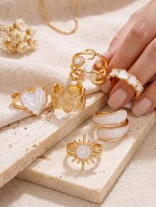 17KM Juego de 8/6 anillos apilables asimétricos con diseño de gota de aceite, corazón, estrella y luna, estilo Old Money, moda sencilla para mujer, hermanas, vacaciones de verano, citas, regalo, uso diario casual, fiesta y boda - Multicolor - Ver 3