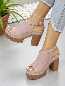 Women's Summer New High Heel Sandals, Plus Size, Rhinestone Flower Decor, Chunky Heel, Backless, Contrast Stitching, Rhinestone Flower & Rivet Embellishments, Adjustable Metal Buckle Back Strap, Vintage American Style, Pink Suede, Thick Platform, Height-Increasing, Slimming, Open Toe, Elegant Women's High Heel Sandals - Pink Frosted - View 1