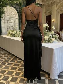 Women's Pleated Sexy One Shoulder Maxi Dress High Split Slim-Fit Cocktail Party Evening Gown,Easter Women Dress - 黑色 - 查看 2