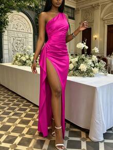 Women's Pleated Sexy One Shoulder Maxi Dress High Split Slim-Fit Cocktail Party Evening Gown,Easter Women Dress - 玫瑰紅 - 查看 6