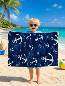 1pc Anchor Pattern Blue Children's Beach Towel Bath Towel, Microfiber Oversized Beach Blanket, Super Absorbent Bath Towel, Suitable For Travel, Pool, Diving, Surfing, Yoga, Camping, Multiple Sizes, Beach Accessories, Suitable For Beach, Pool, Travel, Camping, Yoga - Multicolor - View 5