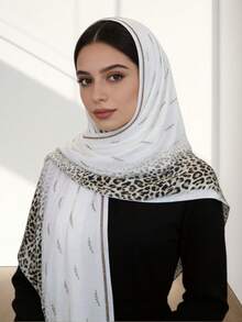 1pc Women's Knitted Leopard Print Ombre Long Hijab Headscarf With Rhinestone Decor, Super Soft Fabric, Middle Eastern Style - Leopard Print Rhinestone Long Scarf In Multiple Colors - View 8