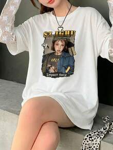 星河女孩个性化照片印花蕾丝拼接长袖圆领宽松针织白色女式上衣性感约会春夏休闲 - 白色 - 查看 5