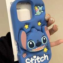 Disney 3D Stitch 矽膠泡泡手機殼 + 支架，可愛卡通防震保護殼，適用於 iPhone 11、12、12 Pro、13 Pro/14 Pro/15 Pro、12 Pro Max/13 Pro Max/14 Pro Max/15 Pro Max、14 Plus/15 Plus、16、16 Pro/Pro Max/Plus、17 Pro/Pro Max、Air - 藍色 - 查看 4