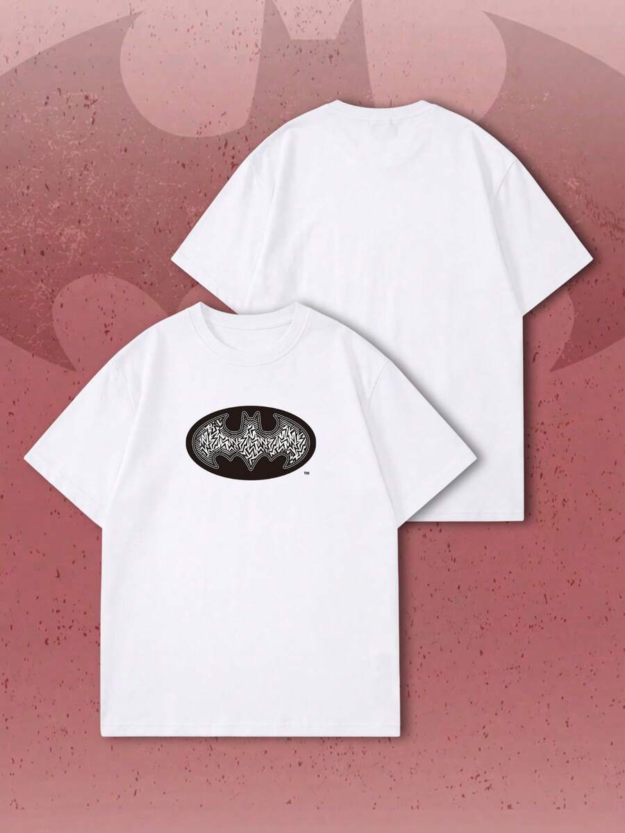 SHEIN X BATMAN Women Geometric Line Inside Oval Bat Emblem Print Crew Neck Tee, Loose Street Tops For Daily Outing, Comic Con & Summer Holiday Wear Casual White - White - View 1