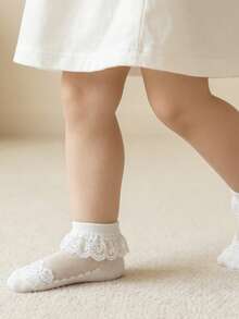 1雙女童幼兒薄款透氣冰絲玻璃纖維棉短襪 嬰兒襪 - 杏色 - 查看 6