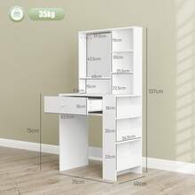 Vanity Table With Mirror, Makeup Desk With Drawer And 3-Tier Side Shelves, White - White - View 4