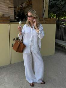 Petite Women's Vintage Style 2-Piece Set, Elegant Sheer Solid Color Outfit Suitable For Spring/Summer And Holidays, White Linen Blend Casual Two Pieces Set - White - View 6