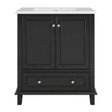 Mueble de baño independiente de 76 x 46 x 87 cm con lavabo integrado, patas de madera maciza, totalmente lacado, resistente a la humedad y al agua, amplio espacio de almacenamiento, lavabo cerámico integrado, color gris. - Negro - Ver 6
