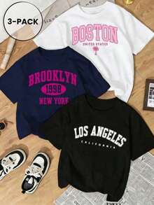 3 PC Casual College Style T-Shirt With American City Lettering, Youth Fashion Tee For Everyday Look - 白色 - 查看 7