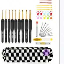 1 Stück Häkelwerkzeug-Set, schwarze & goldene Häkelnadel, ergonomisches Design mit Griff, geeignet für Menschen mit Handarthritis, enthält Häkelnadeln - 31-teiliges Häkelset, Farben der Accessoires zufällig. - Übersicht 6