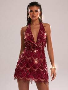 UNITHORSE Women's Fashion Sequin Fringe Decor Draped Neck Cinched Waist Dress - Burgundy - View 3