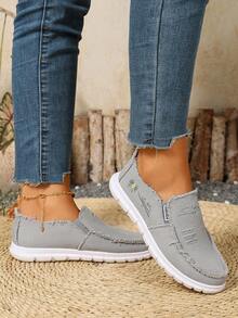 Zapatos deportivos casuales para mujer de lona lavada con bordado floral, zapatos de moda retro de empeine bajo, sin cordones, para ir al trabajo y caminar - Gris - Ver 6