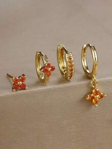 4pcs/Set Minimalist Geometric 18K Gold-Plated Earrings Set, Rhinestone Inlaid, Four-Petal Flower Design, Multi-Color Cubic Zirconia, Suitable For Vacation, Date, Gift And Daily Wear - 4pcs Earrings Set - View 1
