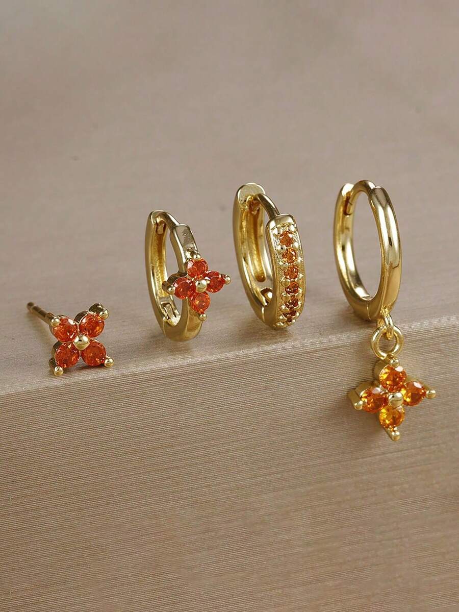4pcs/Set Minimalist Geometric 18K Gold-Plated Earrings Set, Rhinestone Inlaid, Four-Petal Flower Design, Multi-Color Cubic Zirconia, Suitable For Vacation, Date, Gift And Daily Wear - 4pcs Earrings Set - View 1