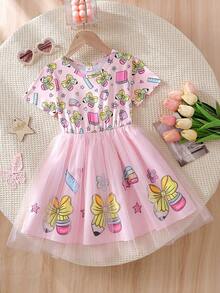 1pc Young Girl Casual Back To School Pencil Bow Ruler Print Dress, Soft Comfortable Knit Fabric, Suitable For Outdoor Wear, Spring/Summer - Pink - View 2