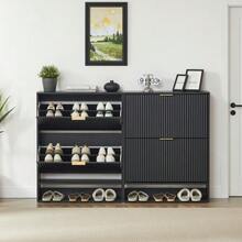 Shoe Cabinet 80 X 24 Cm With Grooved Front – Height Adjustable With Anti-Tip Device And Decorative Table For The Entryway, In White - Black - View 3