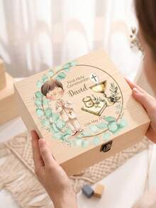 1pc Customized First Communion Keepsake Box, Personalized Religious Baptism Wooden Storage Box, Communion Gift, Floral & Cross Children's Gift Box - Multicolor - View 17