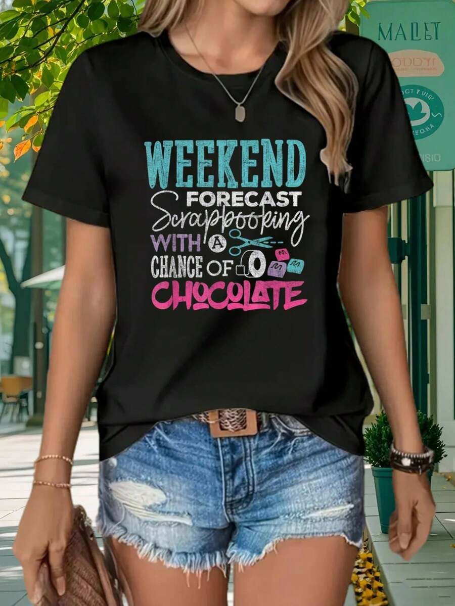 Women's Weekend Forecast Print Scrapbooking T-Shirt, Fun For Crafts, Soft, Comfortable And Versatile, Round Neck And Short Sleeve - trắng - Xem 1