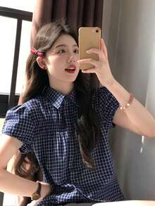 復古格紋領泡泡袖女款夏季通勤百搭襯衫 - 藏蓝色 - 查看 1