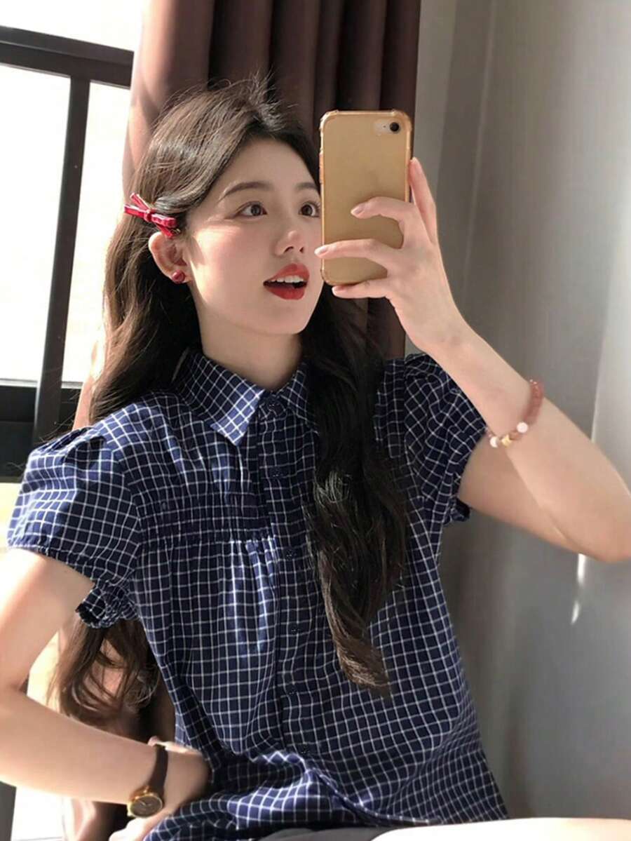復古格紋領泡泡袖女款夏季通勤百搭襯衫 - 藏蓝色 - 查看 1