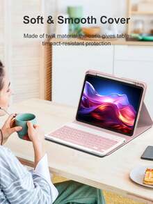 360°旋转键盘保护套，兼容iPad A16（第11/10代）、第9/8/7代（10.2英寸）、iPad Air（10.9/11英寸），采用TPU翻盖PU皮革材质，内置无线蓝牙键盘（150mAh电池）和支架，粉色 - 粉色 - 查看 5