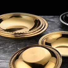 Gold-Plated Stainless Steel Dinner Plate With Embossed Greek Pattern Rim, Round Deep Soup And Salad Serving Bowl, Luxury Tableware For Wedding Banquets, Family Gatherings And Banquet Decoration - View 3