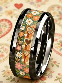8mm Black & Silver Carbide Tungsten Ring, Vintage Daisy & Layered Heart Pattern, Pastoral Bohemian Style Personalized Band, Comfortable Wear Unisex Jewelry, Perfect Gift For Romantics And Nature Lovers - Multicolor - View 4
