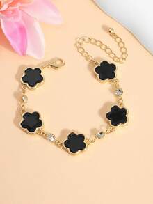 1pc Fashion Minimalist 5-Petal Flower & 5-Leaf Clover Bracelet, Sweet & Versatile For Summer, Rhinestone Inlaid, Stylish Charm, Perfect For Daily Wear/Gift - Black - View 4