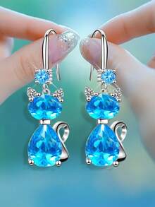 YSH.ZIXIN 1 Pair Crystal Cat Pendant Earrings With Ocean Heart Design, Shining Rhinestone Eardrops For Women - Kitten-2 - View 8