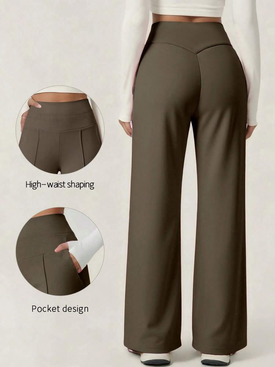 TimeOff Women's 1pc Solid Color Side Pocket Draped Straight Leg Sports Pants - Brown - View 1