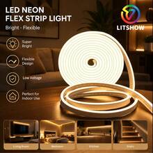 LITSHOW 矽膠 LED 霓虹燈條，IP67 防水柔性霓虹繩燈，可裁剪 3000K 暖白色亮白色線性照明，適用於臥室牆面裝飾、客廳、陽台氛圍照明 - 電池盒開關 - 查看 1