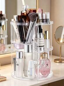 Organizador de cosméticos giratorio 360° DIY ajustable, soporte giratorio para maquillaje, caja de almacenamiento de cosméticos de gran capacidad, soporte para brochas de maquillaje, adecuado para mesa de tocador (transparente) - Multicolor - Ver 4