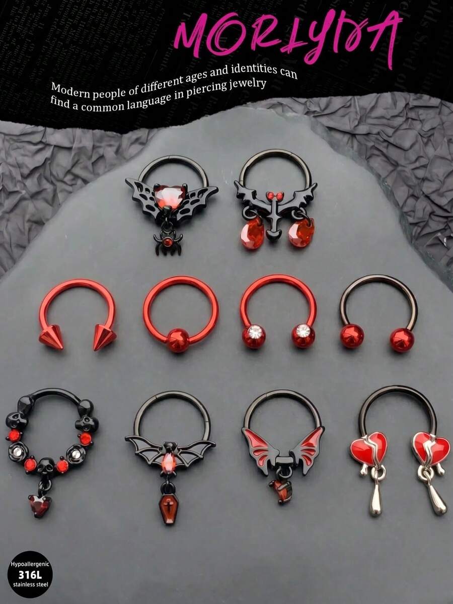 3件套哥特风16G鼻环套装 - 骷髅、心形、蝙蝠鼻中隔环，不锈钢唇环，棋盘格鼻环，适用于鼻子、耳软骨、耳垂，10毫米，派对、圣诞节、万圣节礼物，日常佩戴
