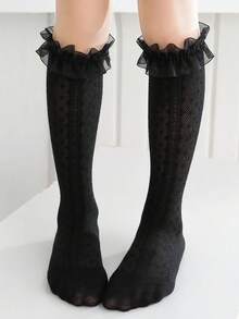 1 Pair Girls' Black Lace Calf Socks, Sweet Elegant Princess Socks, Versatile Ruffle Dance Socks For Back To School Season - Black - View 9