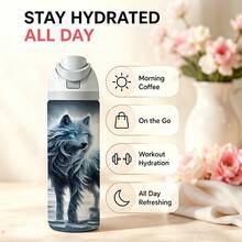 1pc 24oz Stainless Steel Water Bottles With Straw, Frozen Wolf Forest Design Tumbler Wrap For Wolf Lovers, Adults, And Winter Holiday Gifting, Featuring A Mystical Icy Wolf In A Snowy Woodland Scene. - 彩色 - 查看 2