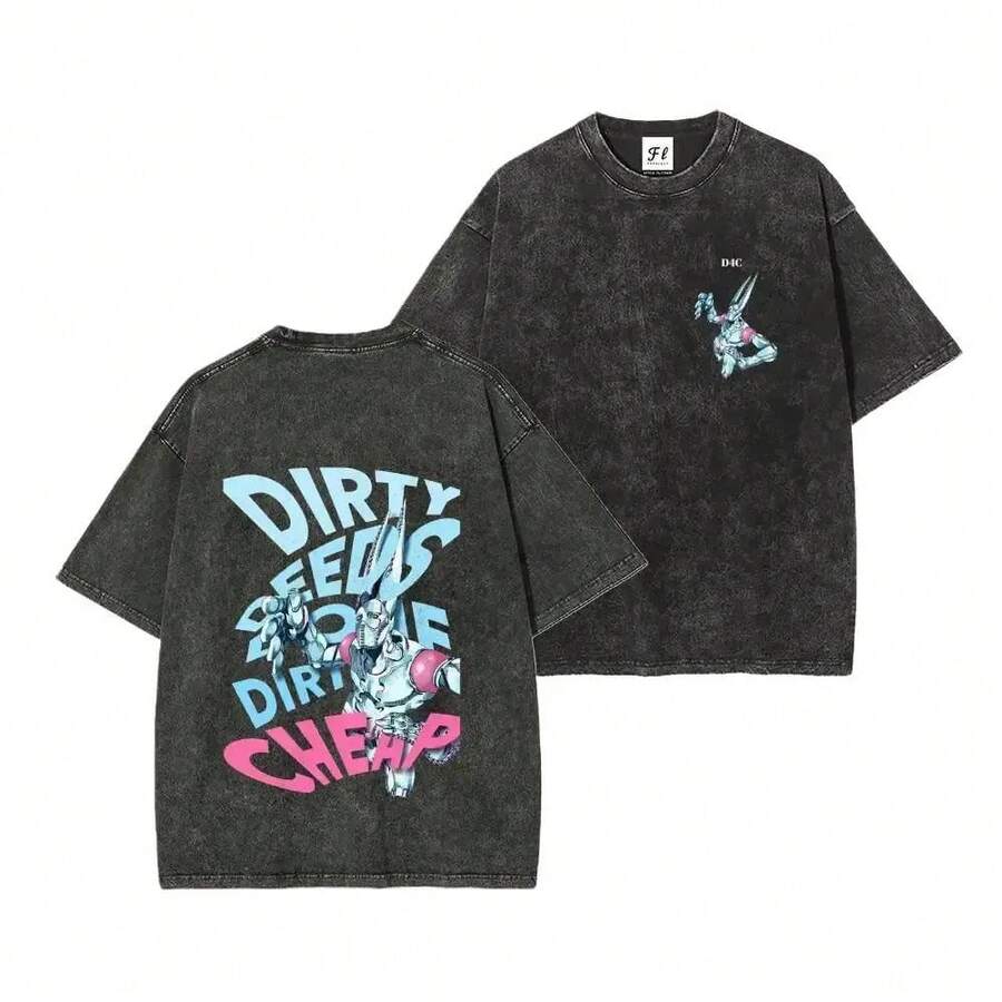 Vintage Washed T-Shirt, Thick Cotton With Double Graphic Illustrative Print, Unisex Cut, Variety Of Sizes, Casual Garment, Urban Fashion, Manga Style - 黑色 - 查看 1