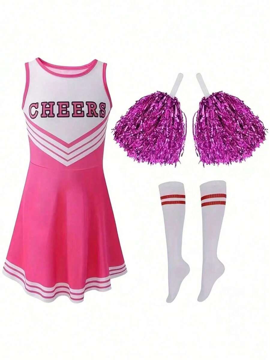 New Cheerleading Performance Outfit 3 Pieces Set (Dress, Pom-Poms, Socks) Football Baby Gymnastics Tight Dress, Fashionable Kawaii Party Costume Set - Pink - View 1